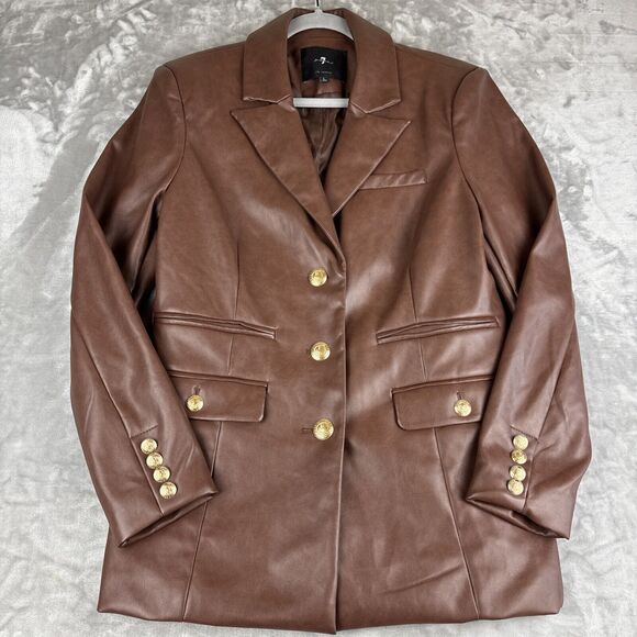 7 For All Mankind Jackets & Blazers - 7 For All Mankind Faux Leather Blazer Women's L Brown Gold Buttons Soft (1135)